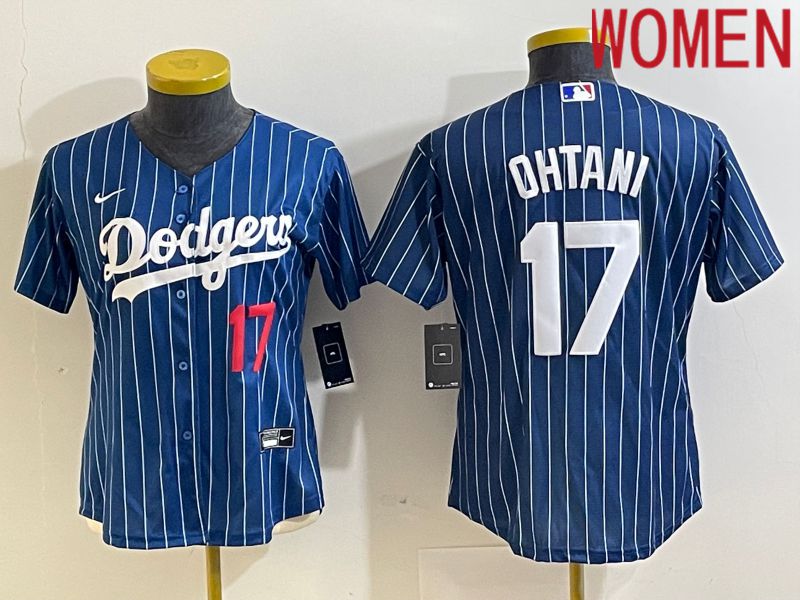 Women Los Angeles Dodgers #17 Ohtani Blue stripe Nike Game MLB Jersey style 3